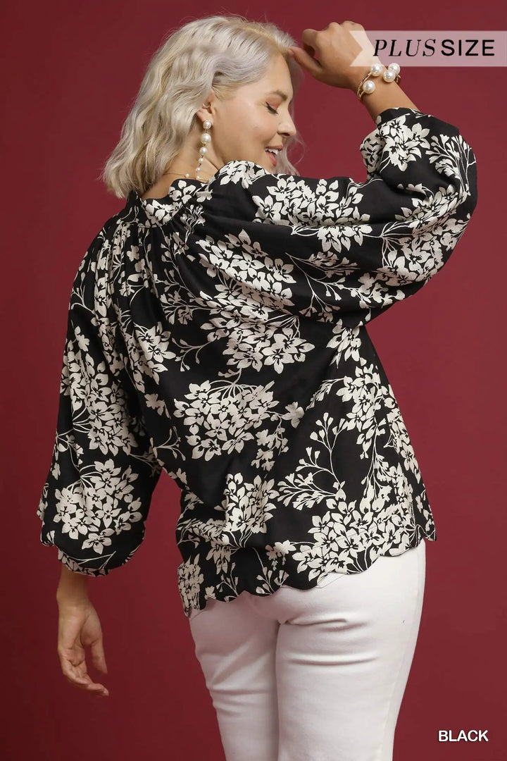 Black Cherry Blossom Print Scalloped Hem Blouse