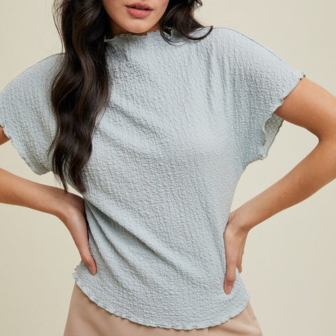 LETTUCE TEXTURED MOCK NECK BLOUSE