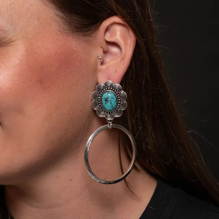 3" Silver Dangle Hoop On Flower Post w/ Turquoise Accent