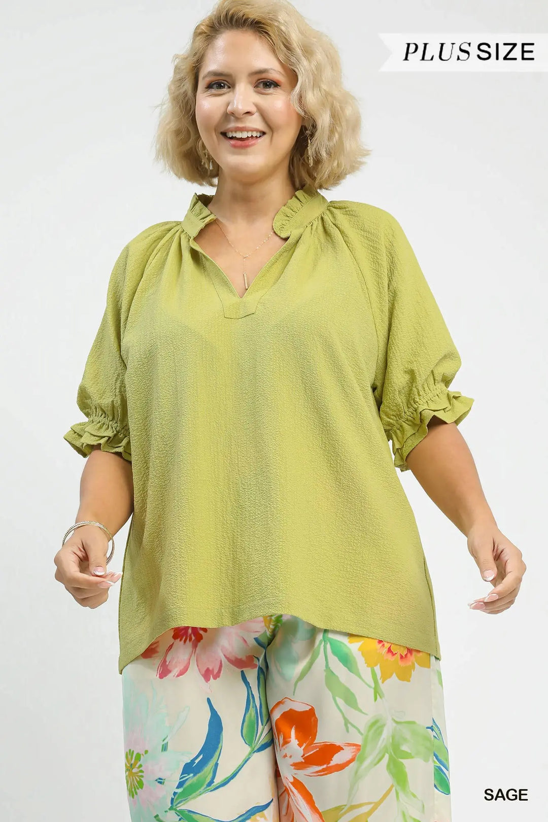 Sage Ruffle Collar Puff Sleeve Top