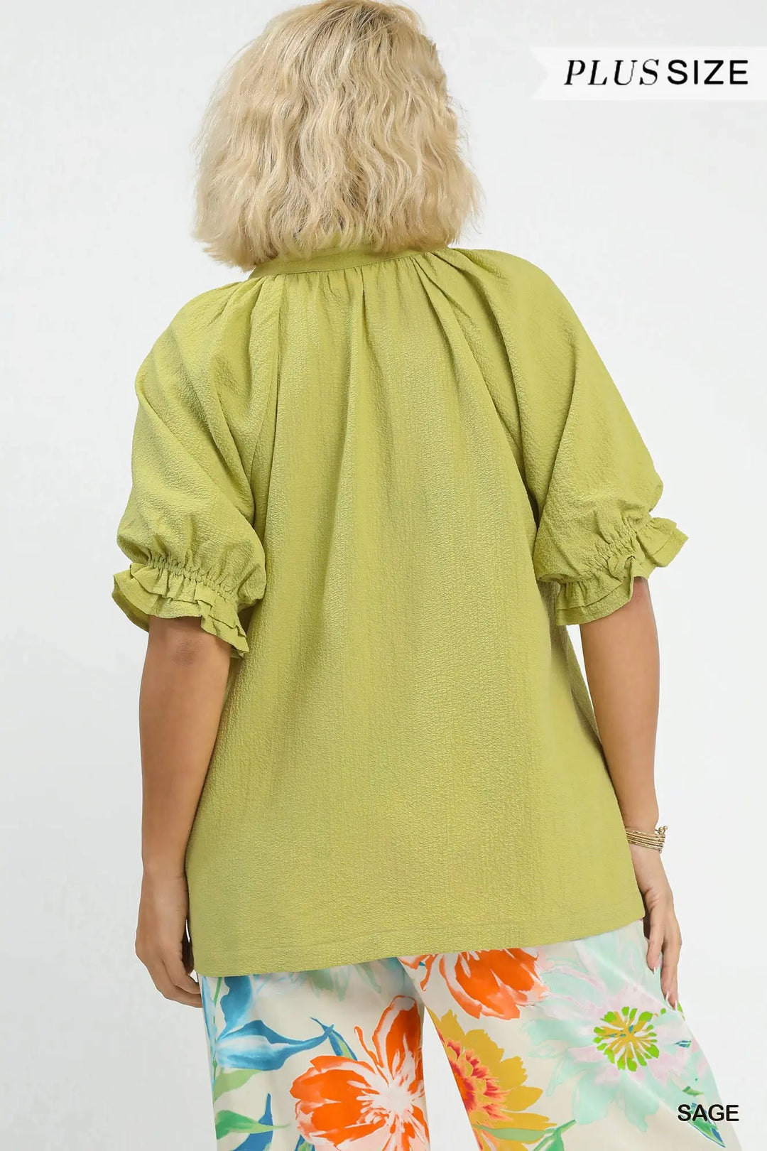 Sage Ruffle Collar Puff Sleeve Top