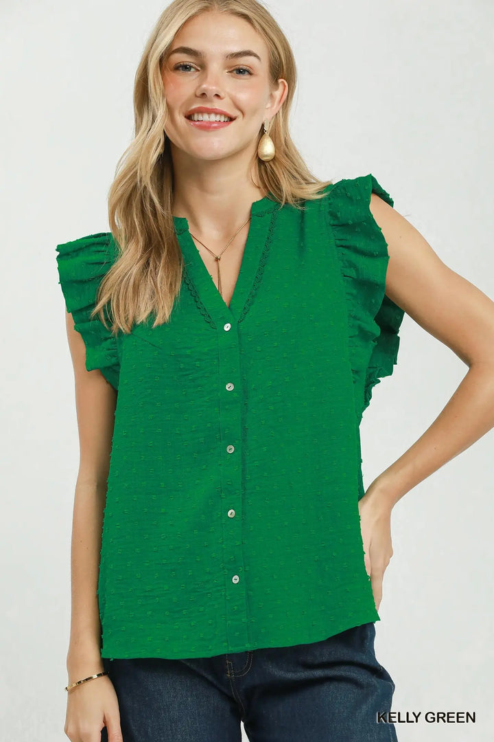 Swiss Dot Ruffle Sleeve Button Front Blouse