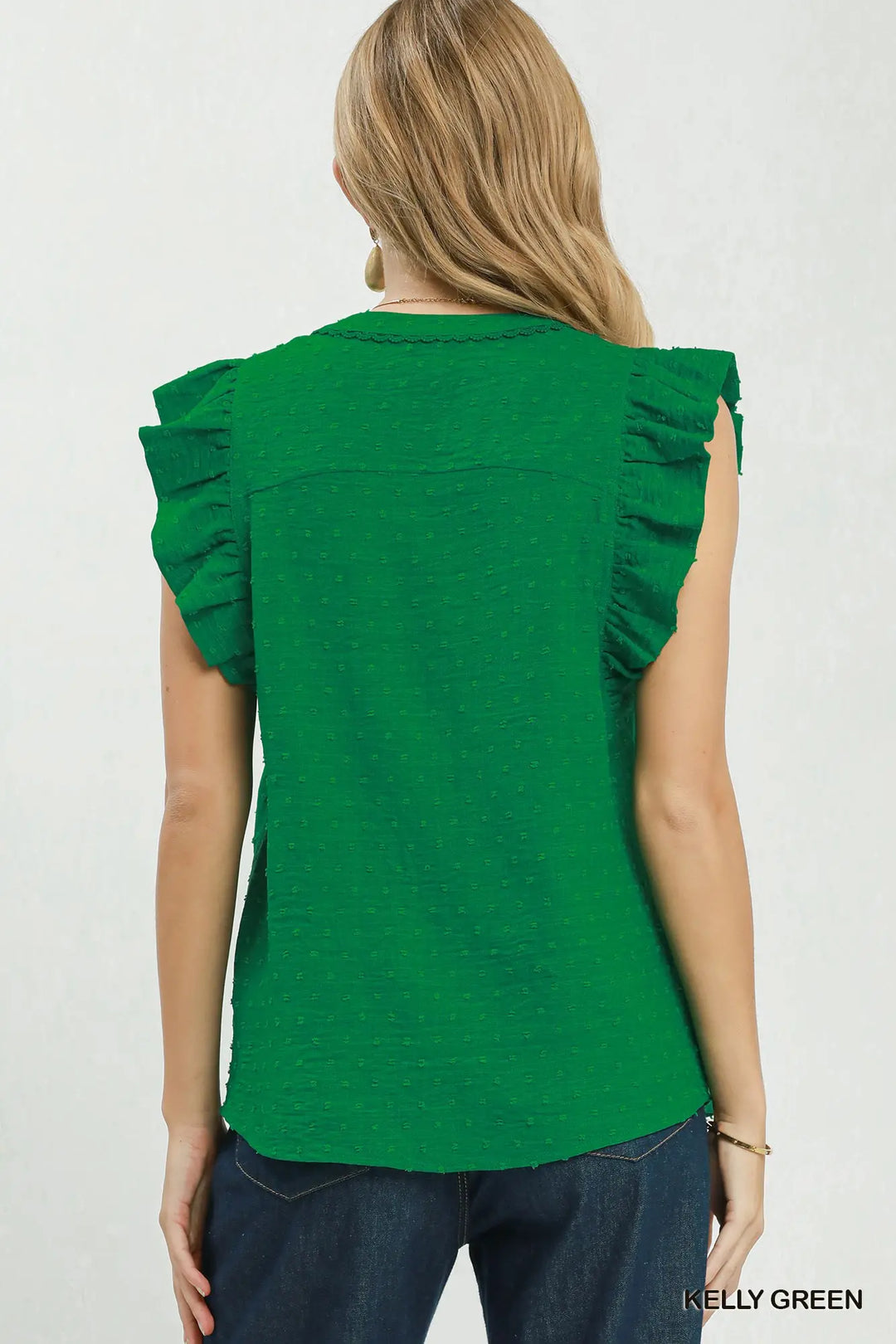 Swiss Dot Ruffle Sleeve Button Front Blouse