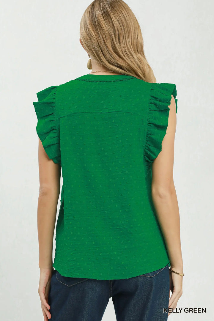 Swiss Dot Ruffle Sleeve Button Front Blouse