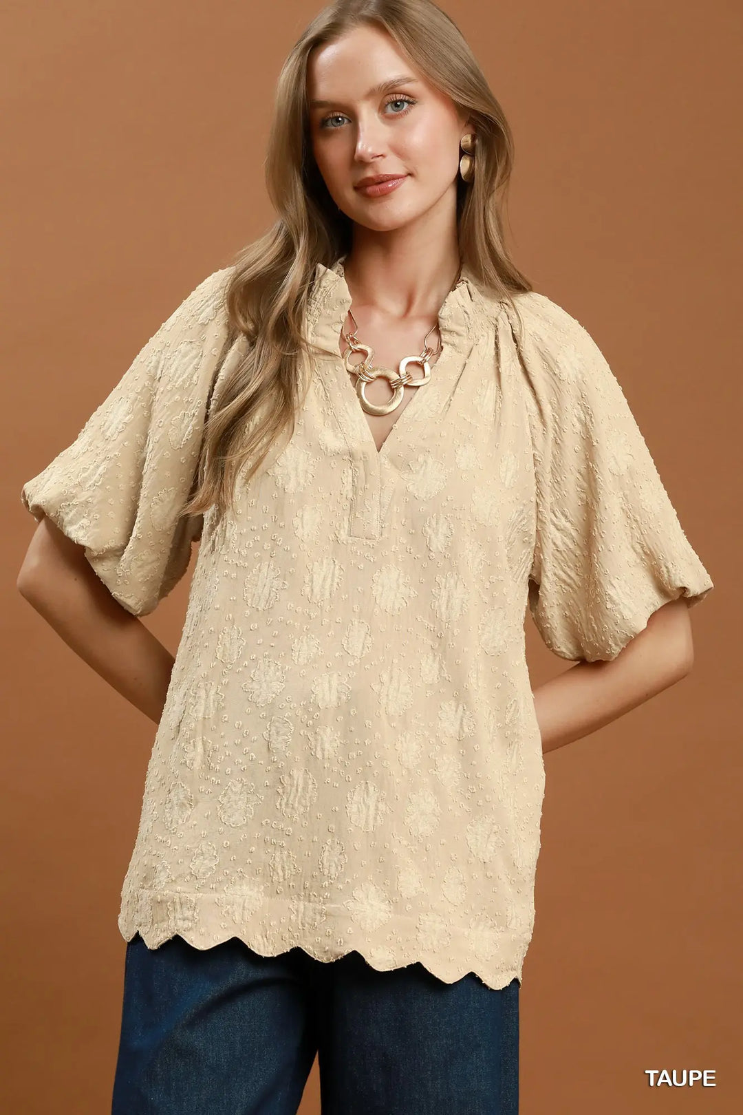 Jackie Taupe Split V-neckline ruffle trim