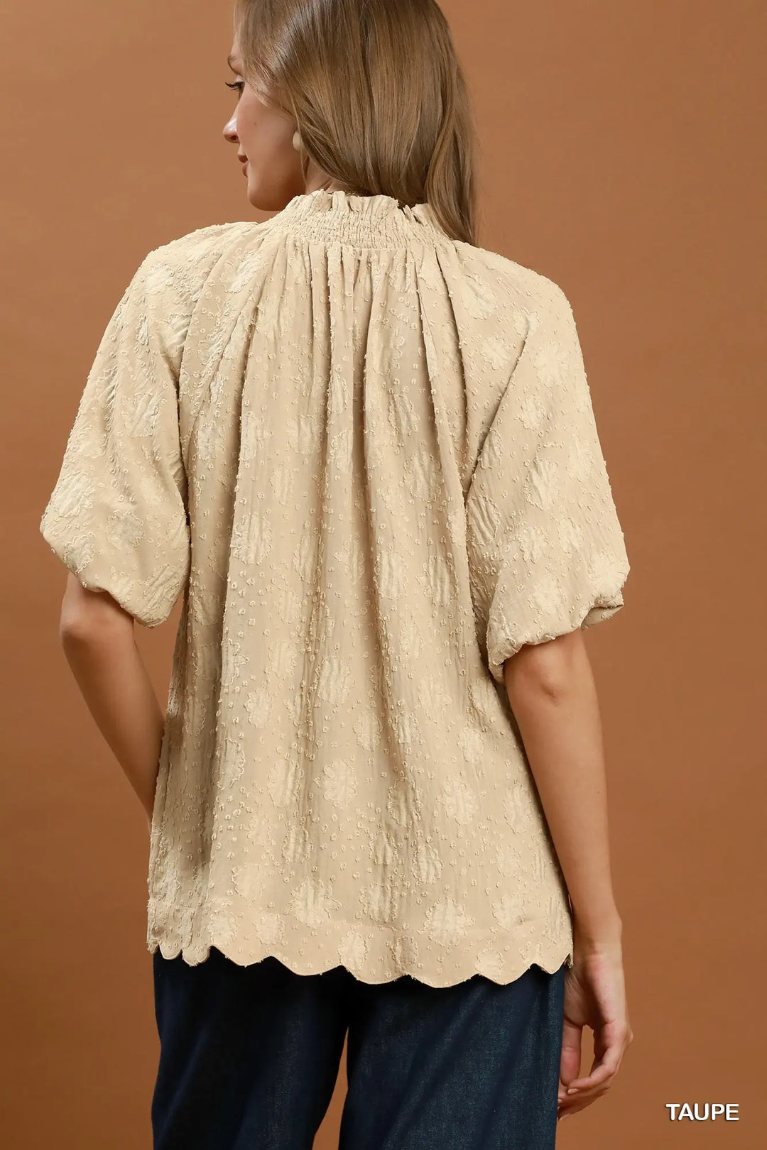 Jackie Taupe Split V-neckline ruffle trim
