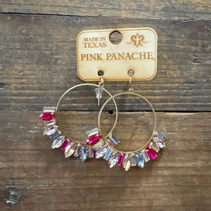 R373 Gold Circle Earring With Pink Denim Multi Baguette Rhinestones