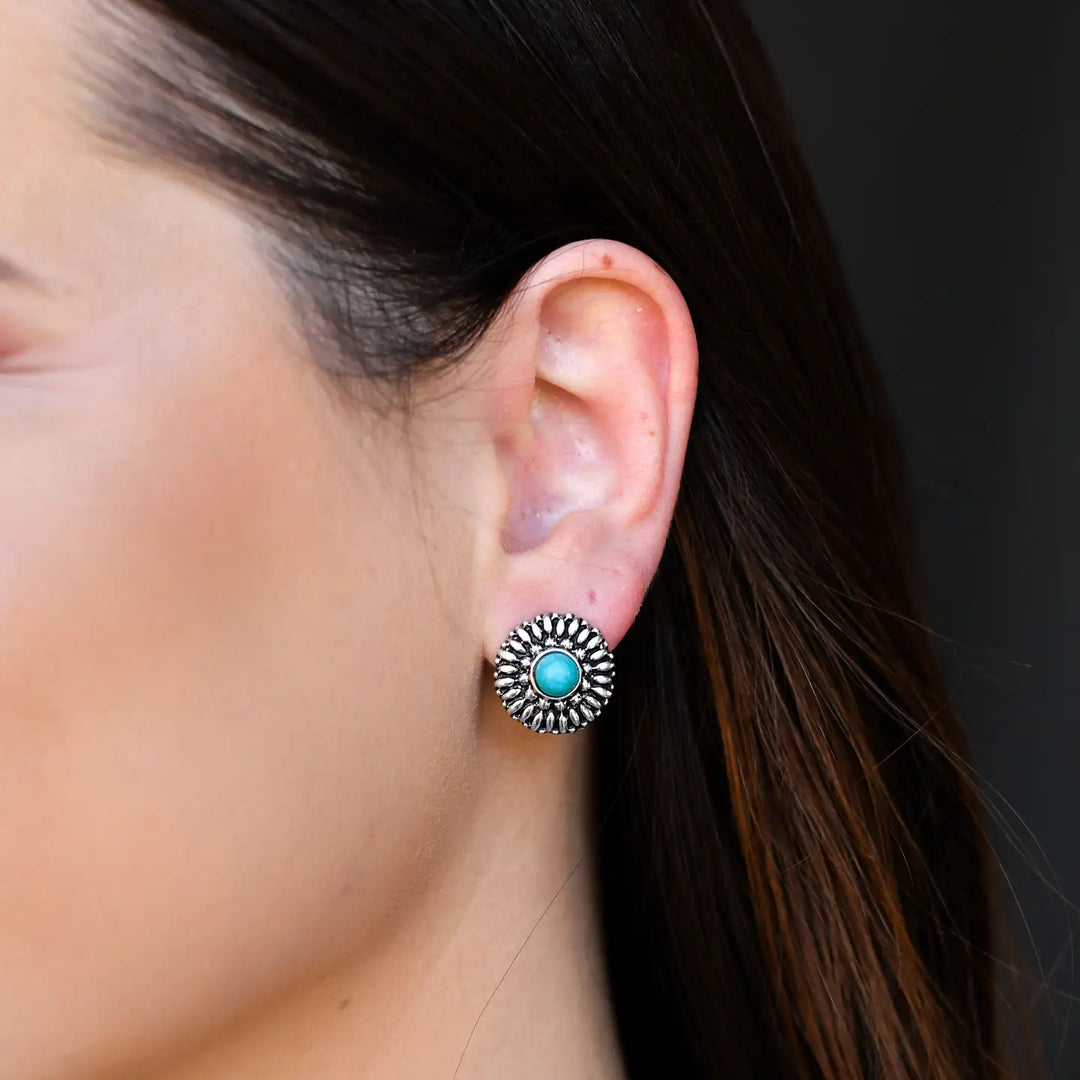 .75" Silver Flower Stud Earring with Turquoise Accent
