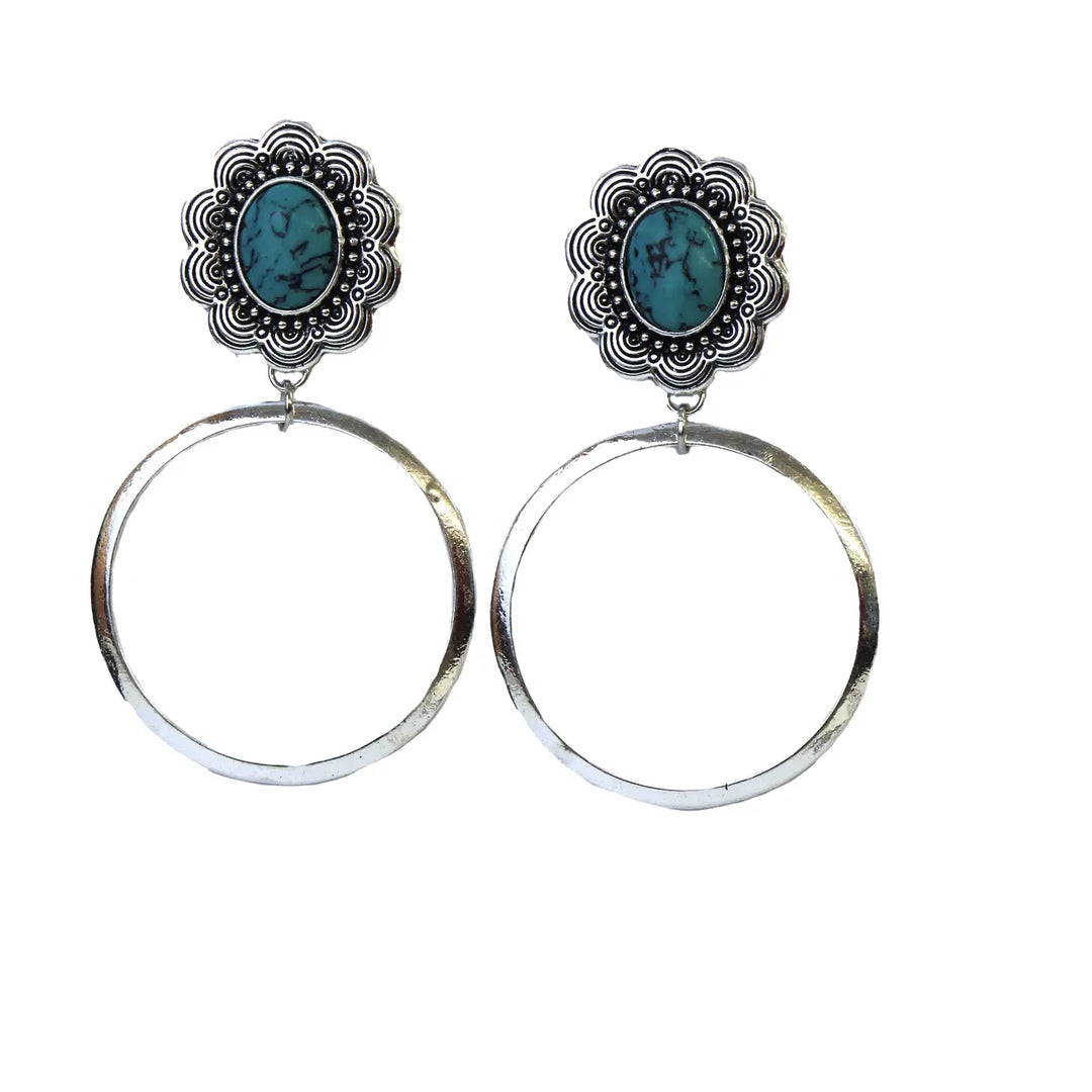 3" Silver Dangle Hoop On Flower Post w/ Turquoise Accent