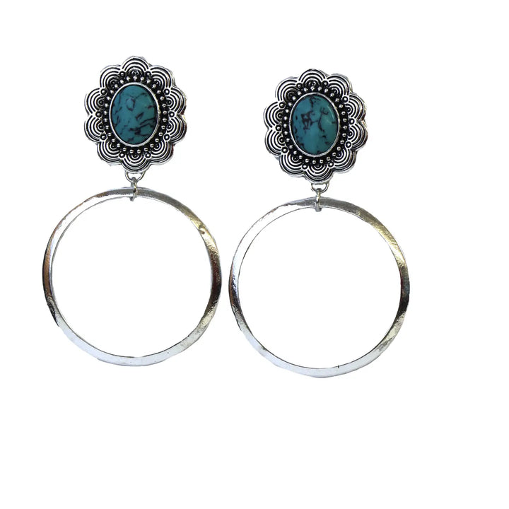 3" Silver Dangle Hoop On Flower Post w/ Turquoise Accent