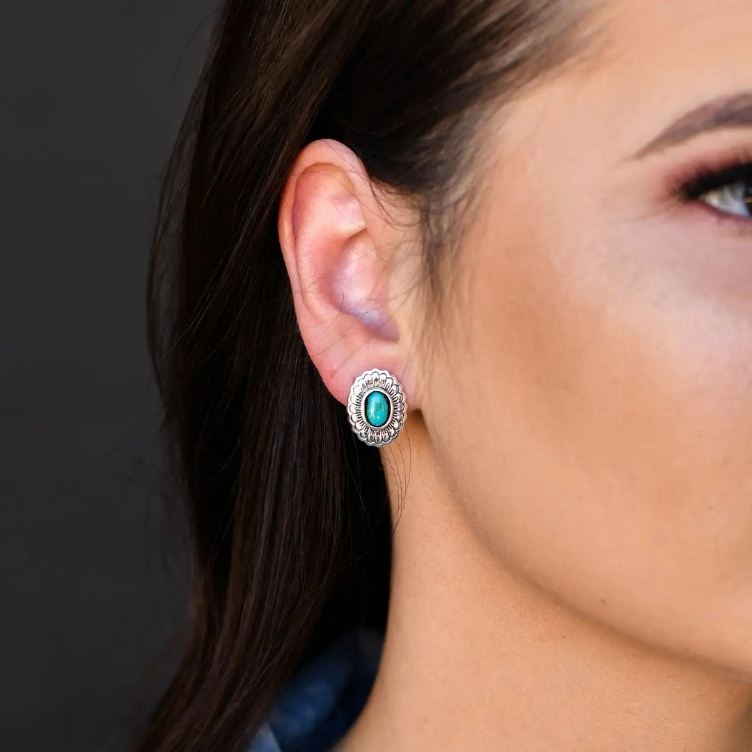 Silver Flower Concho Earring w/ Turquoise Stone
