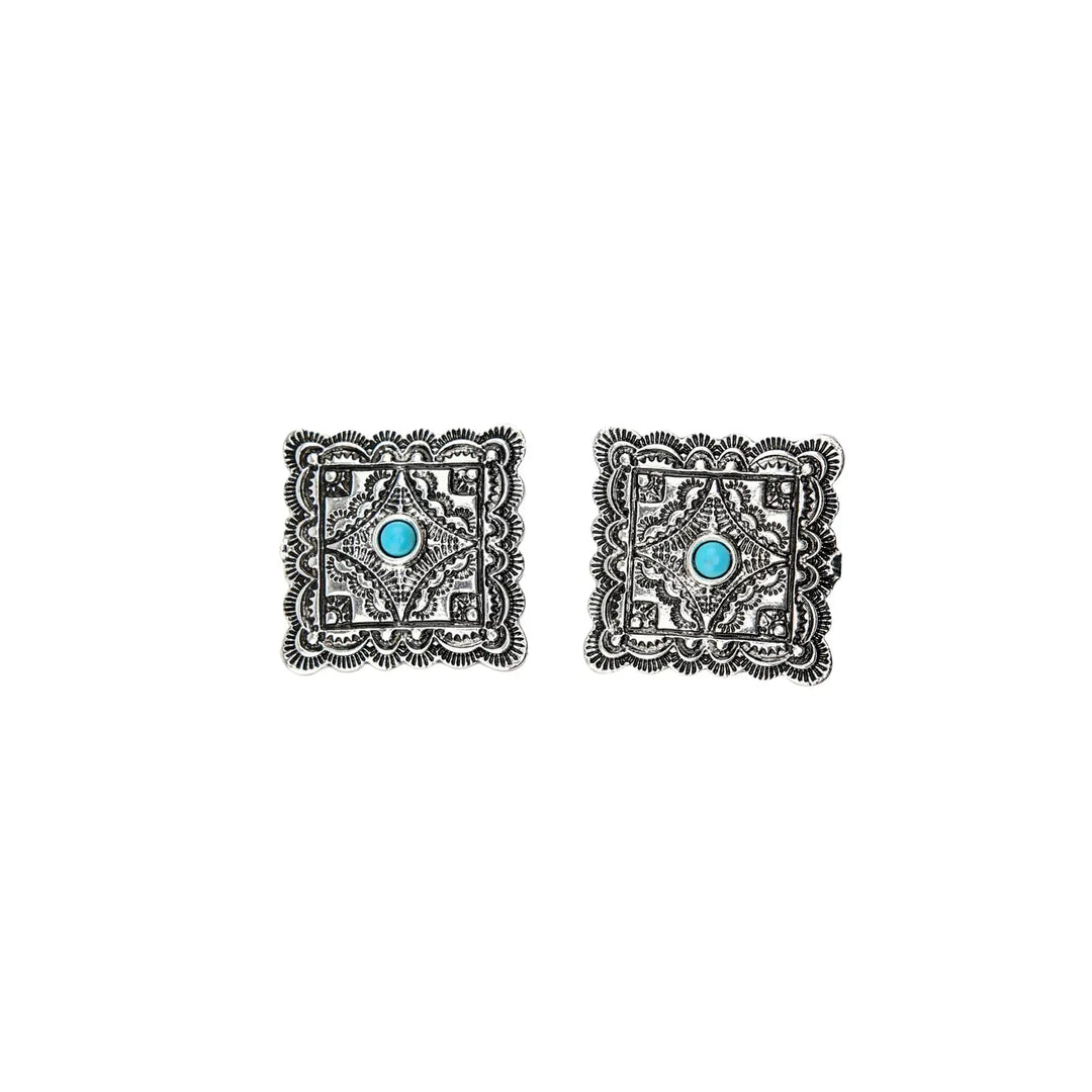 Silver Stamped Square Post Earrings w/ Turquoise