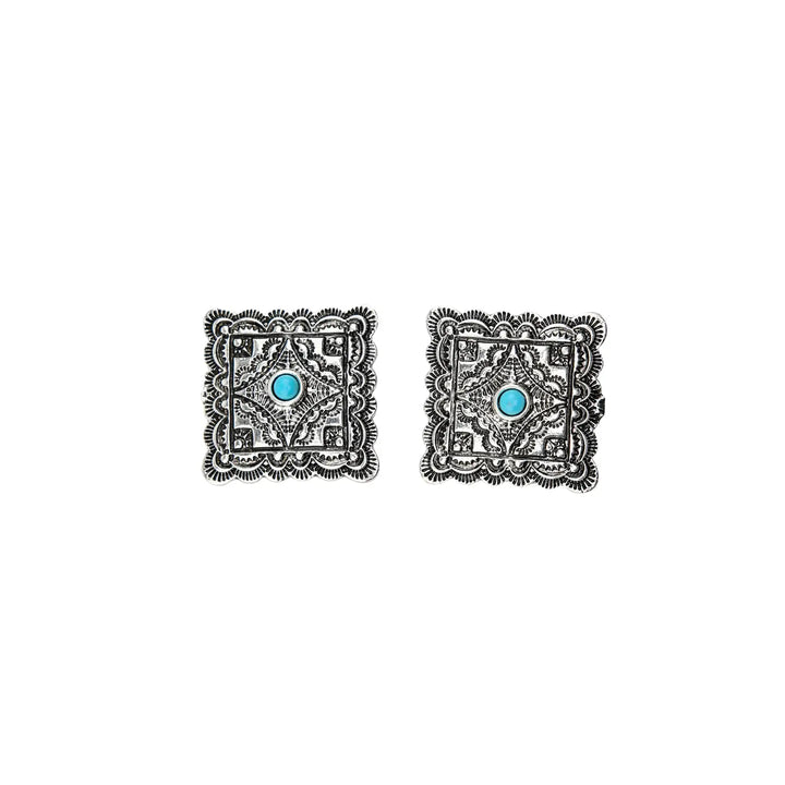 Silver Stamped Square Post Earrings w/ Turquoise