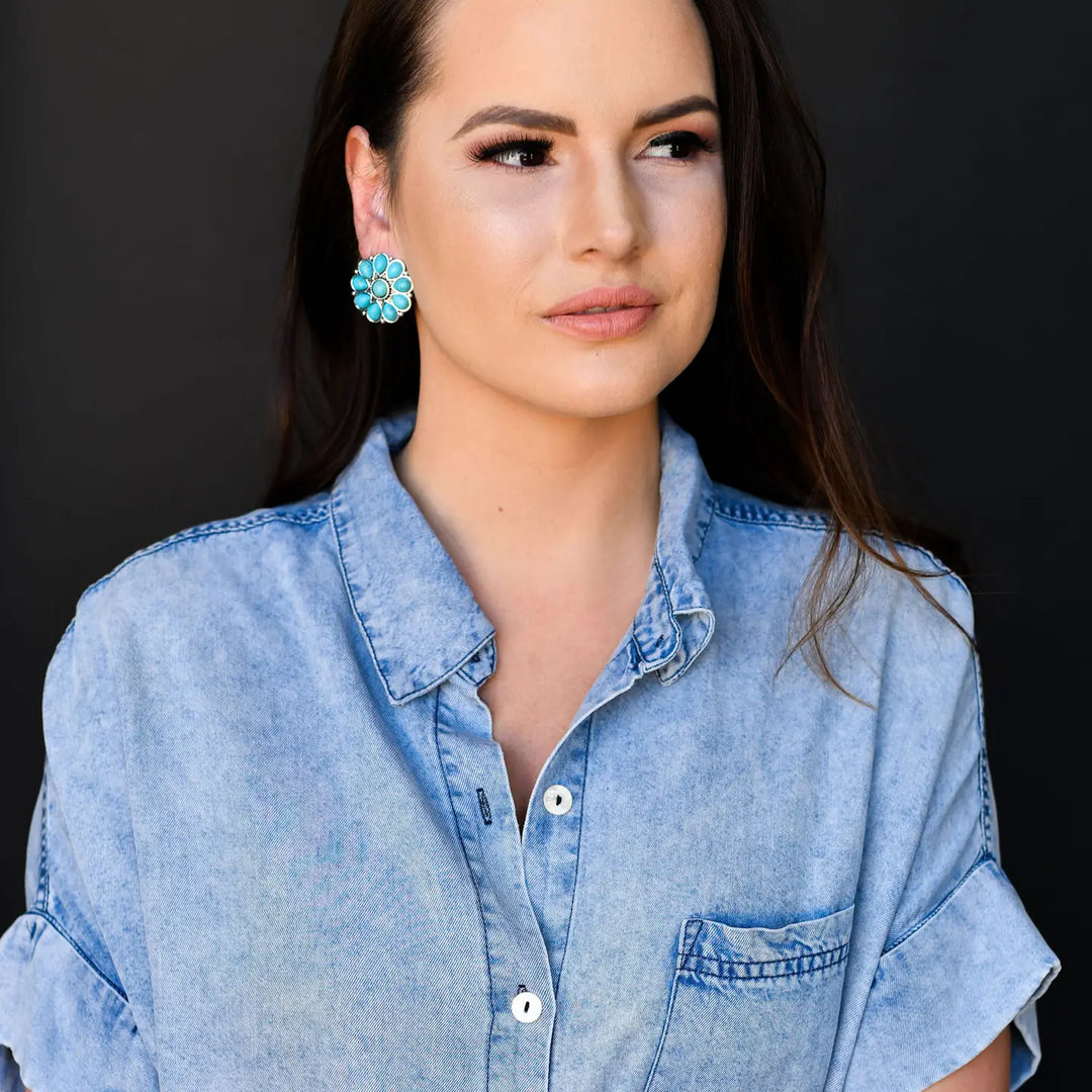 Burnished Silver/ Turquoise Flower Stud Earring
