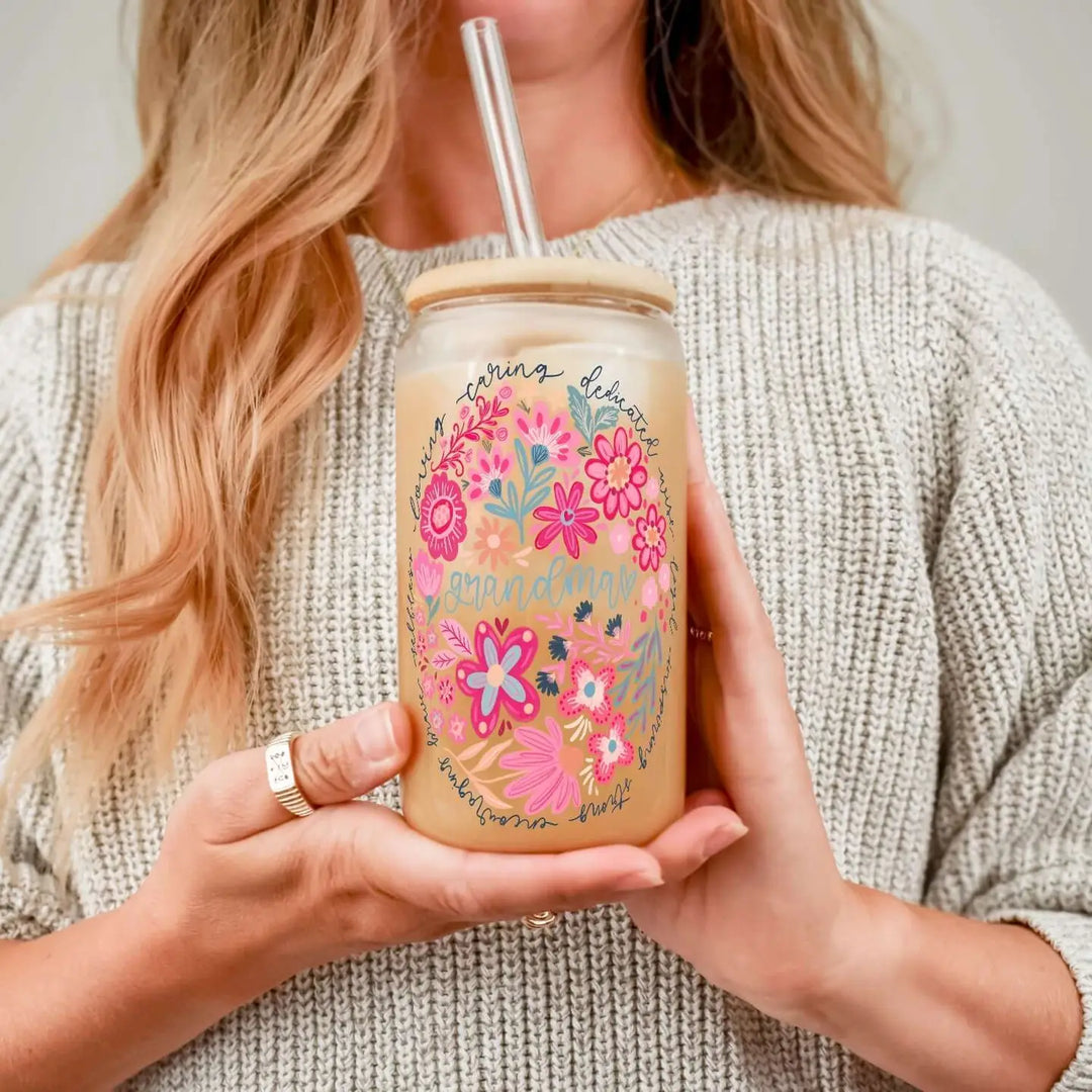 Floral Grandma Cup with Lids and Straws