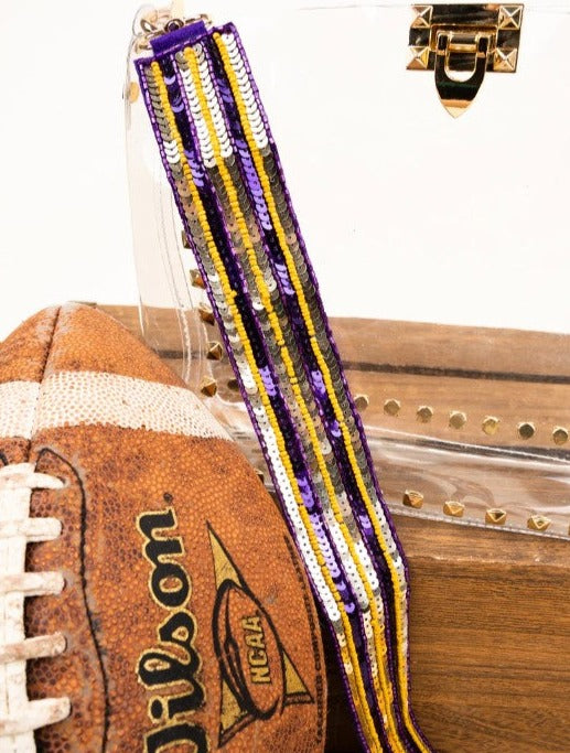 PURPLE AND GOLD SEQUIN AND SEED BEAD BAG STRAPS