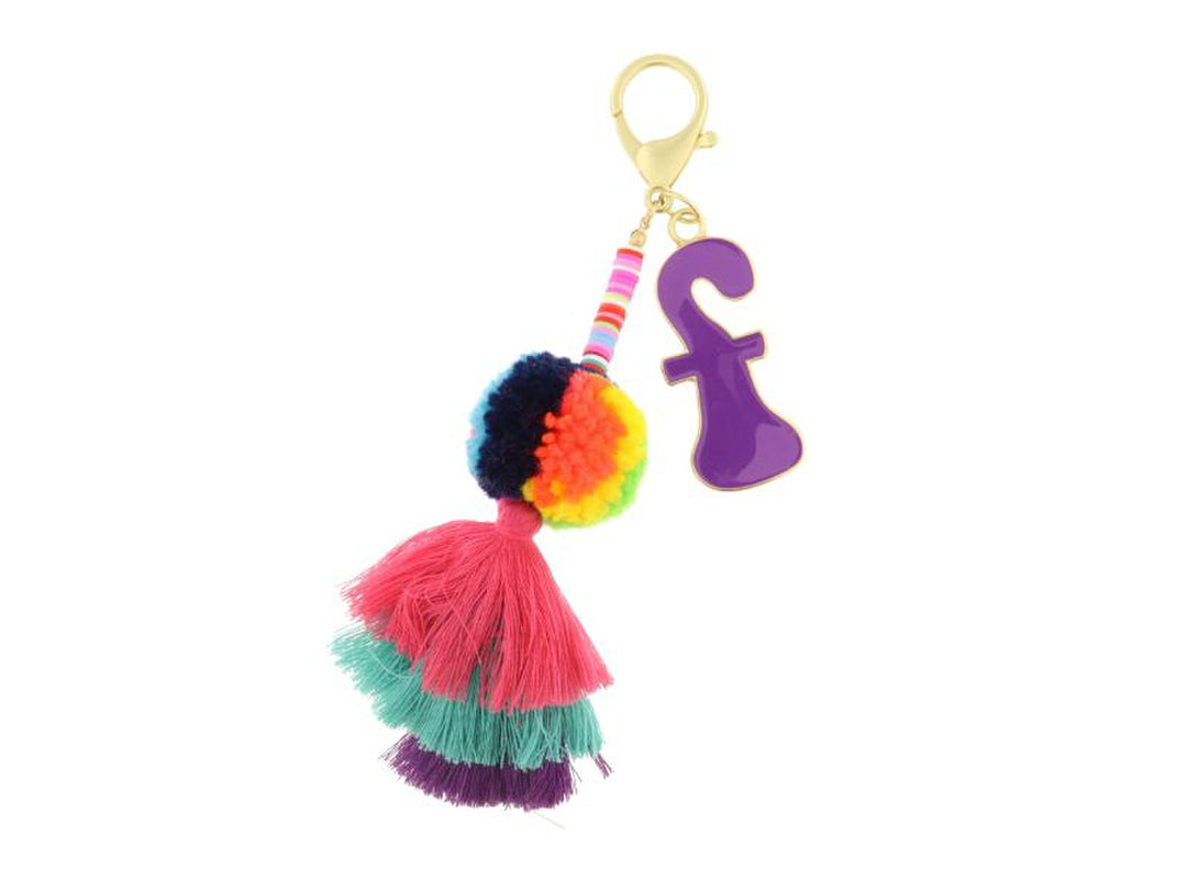 ENAMEL INITIAL MULTI BEADED STRANDS, POMS, STACKED TASSEL KEYCHAIN