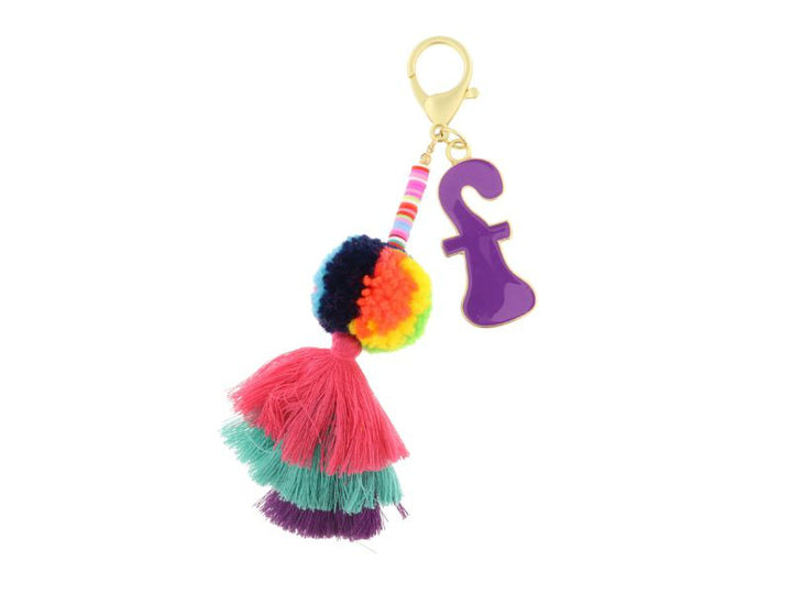ENAMEL INITIAL MULTI BEADED STRANDS, POMS, STACKED TASSEL KEYCHAIN
