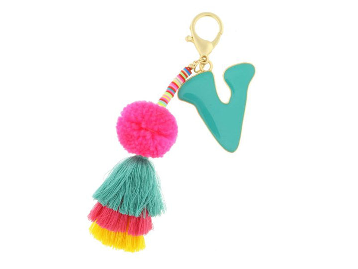 ENAMEL INITIAL MULTI BEADED STRANDS, POMS, STACKED TASSEL KEYCHAIN