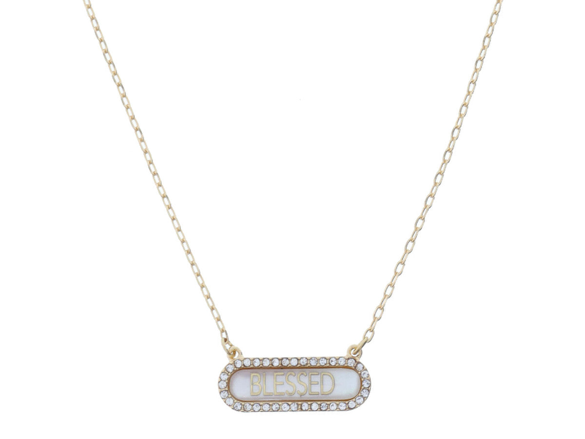HORIZONTAL "BLESSED" IN SHELL INLAY OVAL WITH CRYSTAL EDGE NECKLACE