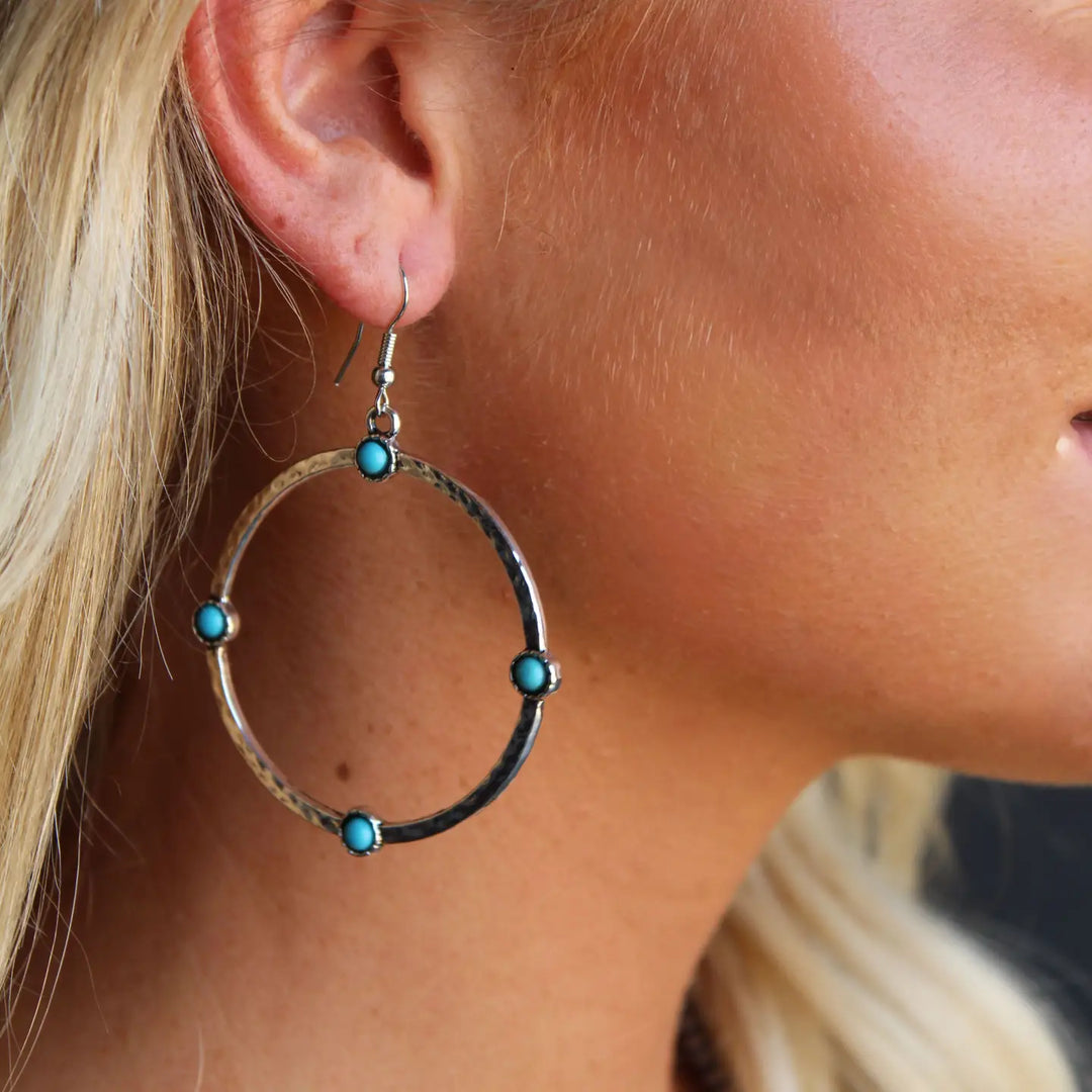 Hammered Hoop Earrings On Fishhook w/ Turquoise Accents