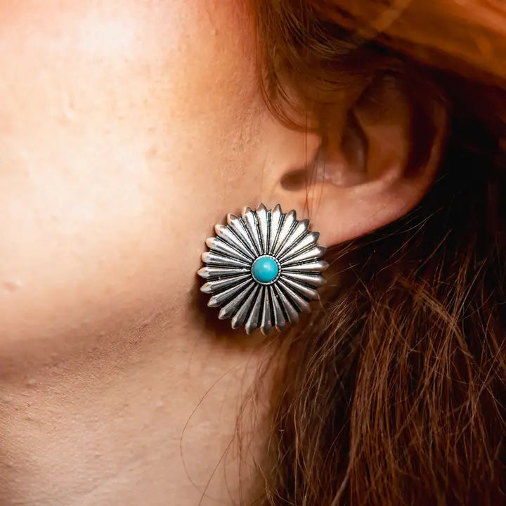 1.25" Silver Conco Burst Post Earrings w/ Turquoise Accent