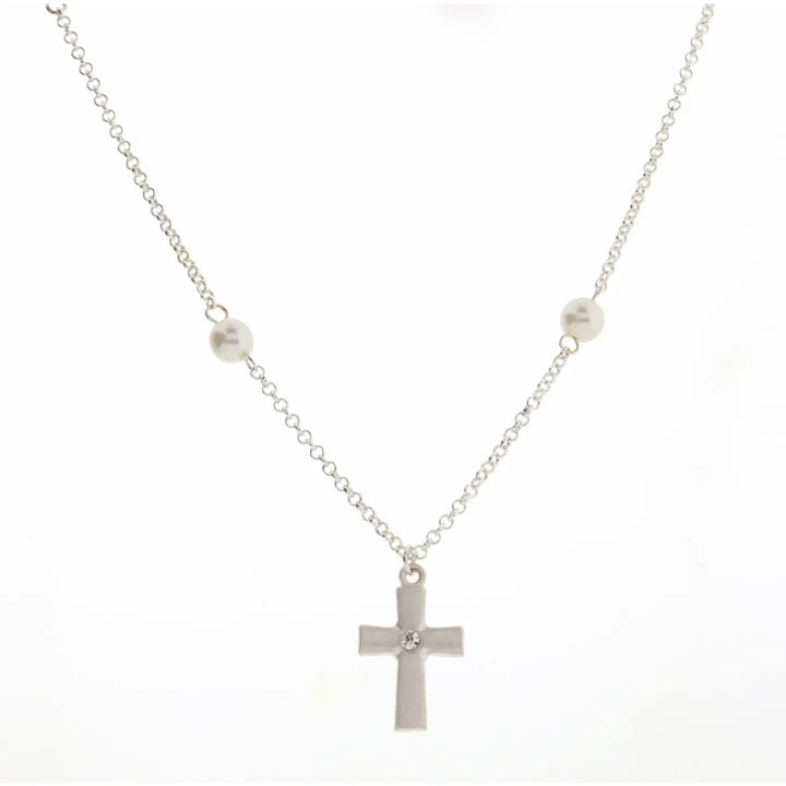 JM Kids 14" Pearl Station, Chain with Cross Necklace