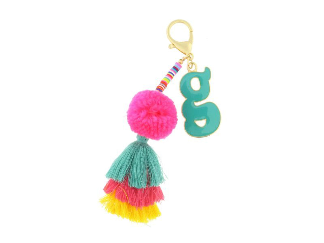 ENAMEL INITIAL MULTI BEADED STRANDS, POMS, STACKED TASSEL KEYCHAIN