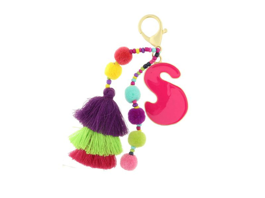 ENAMEL INITIAL MULTI BEADED STRANDS, POMS, STACKED TASSEL KEYCHAIN