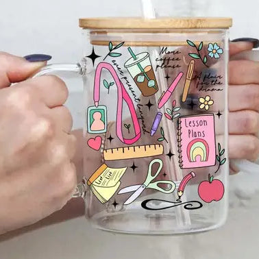 Teacher Mode 17oz Glass Mug with Lid and Straw