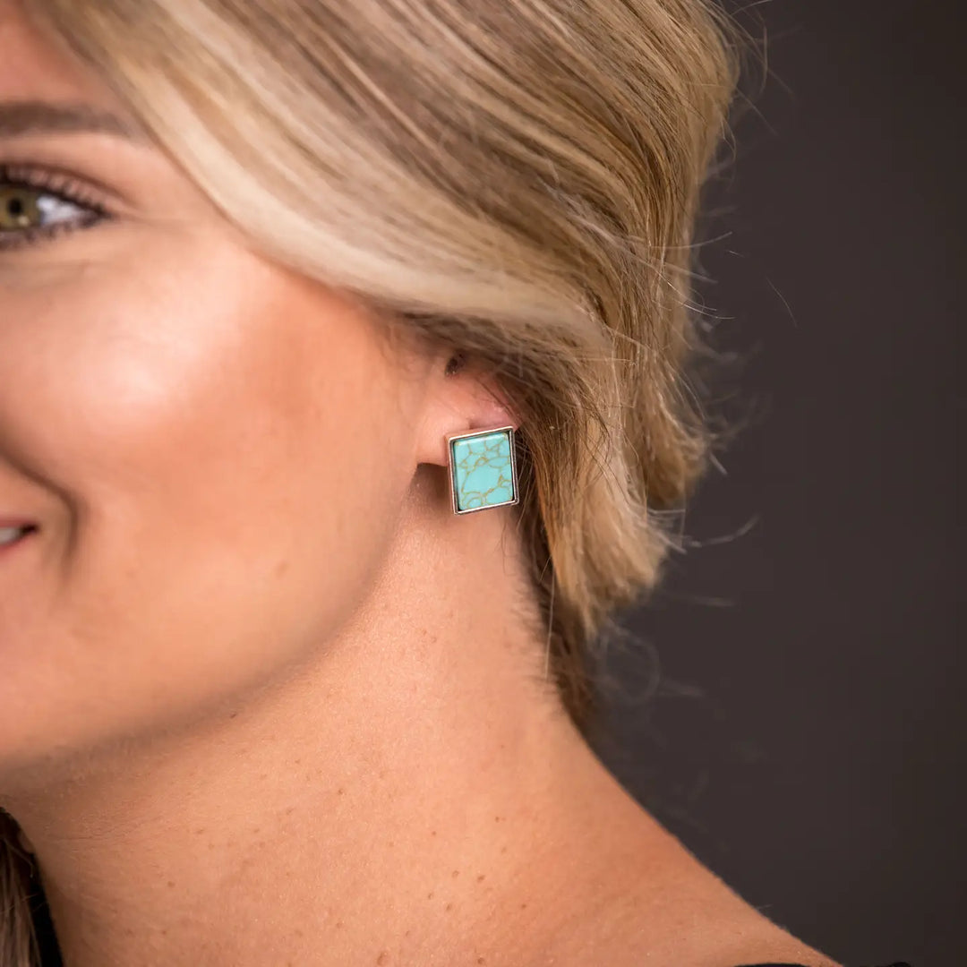 Silver Rectangular Turquoise Stud Earrings