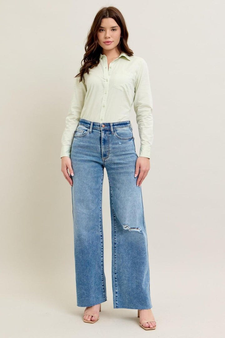 Judy Blue High Waist Vintage Wash Destroy Wide Leg Denim Jeans