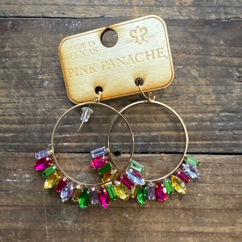 R-342 Gold Circle Earring With Green Pink Baguette Rhinestones