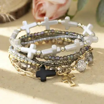 Cross Charm Mixed Beaded Bracelet Set