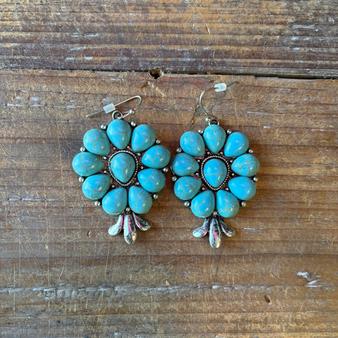 Turquoise Stone Western Squash Blossom Dangle Drop Earrings