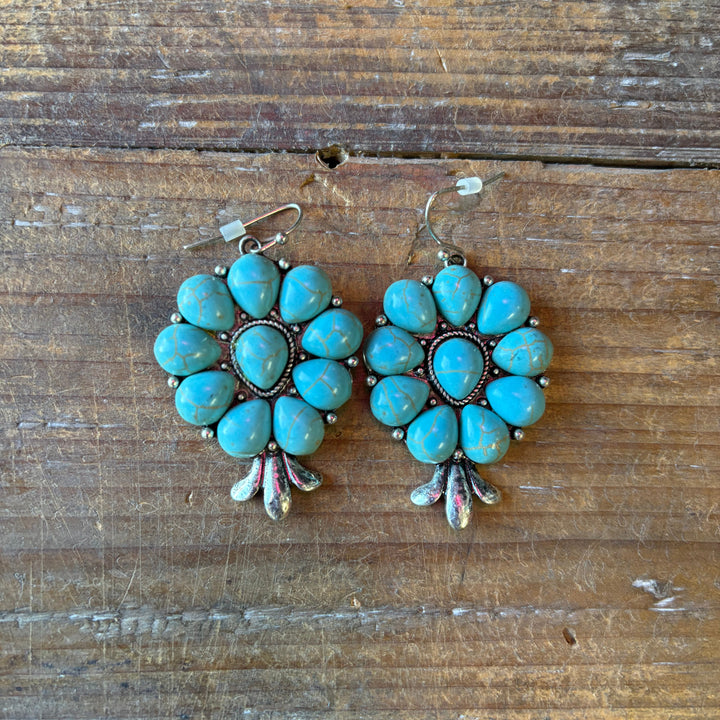 Turquoise Stone Western Squash Blossom Dangle Drop Earrings