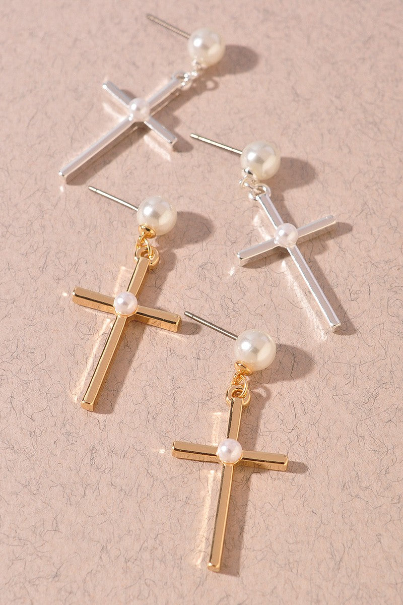 PEARL POINT CROSS DROP EARRINGS