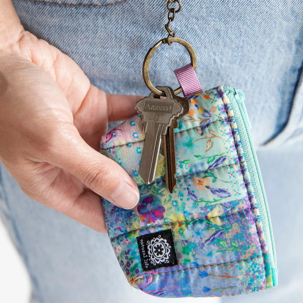 Mini Puffy Coin Purse Key Clip - Blue Watercolor Patchwork