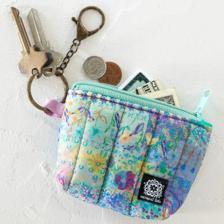 Mini Puffy Coin Purse Key Clip - Blue Watercolor Patchwork