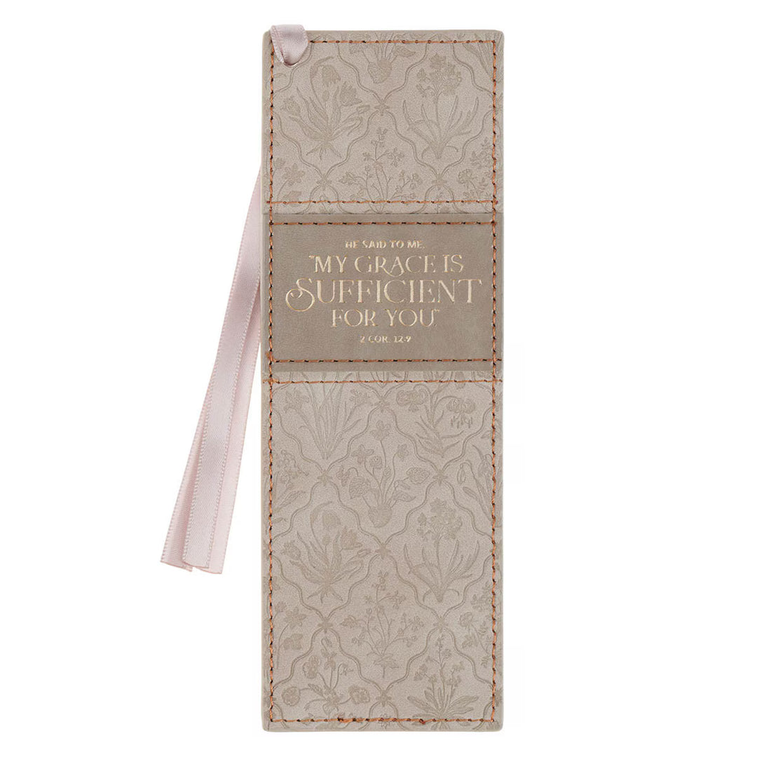 Sufficient Grace Taupe Floral Faux Leather Bookmark - 2 Corinthians 12:9