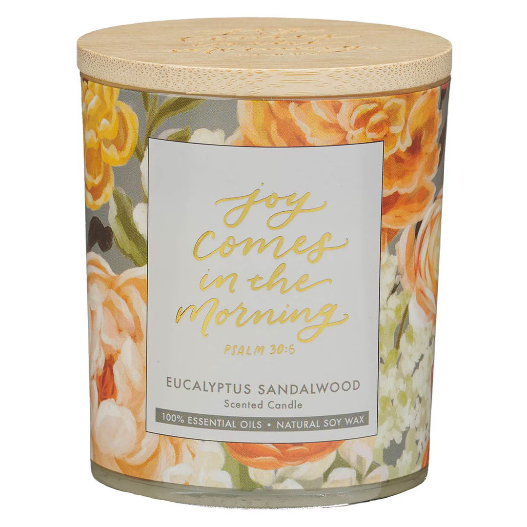 Joy Comes in the Morning Eucalyptus Sandalwood Scented Candle in a Glass Jar - Psalm 30:5