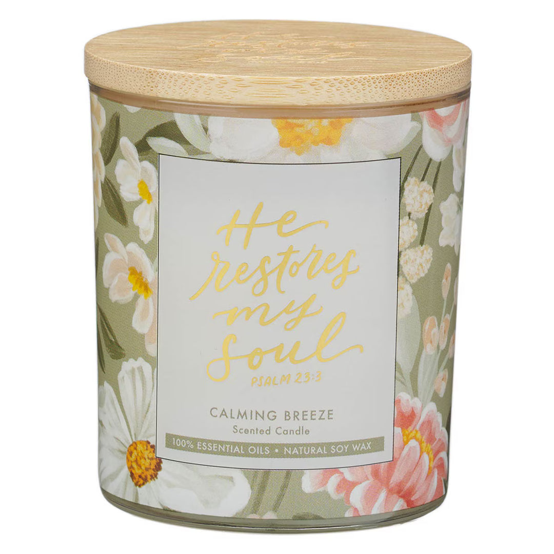 He Restores My Soul Calming Breeze Scented Candle in a Glass Jar - Psalm 23:3