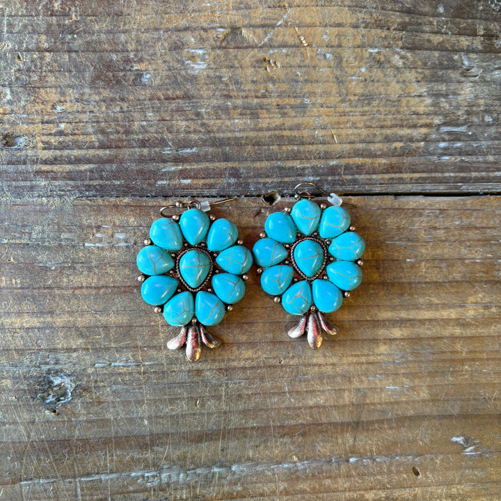 Turquoise Stone Western Squash Blossom Dangle Drop Earrings