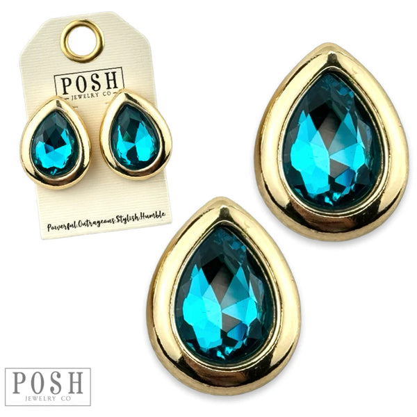 Metal tone rimmed rhinestone teardrop earring