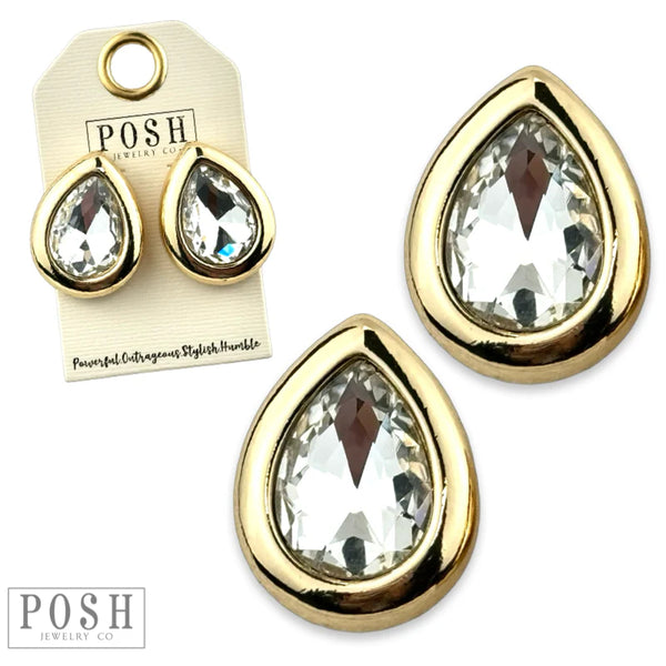 Metal tone rimmed rhinestone teardrop earring