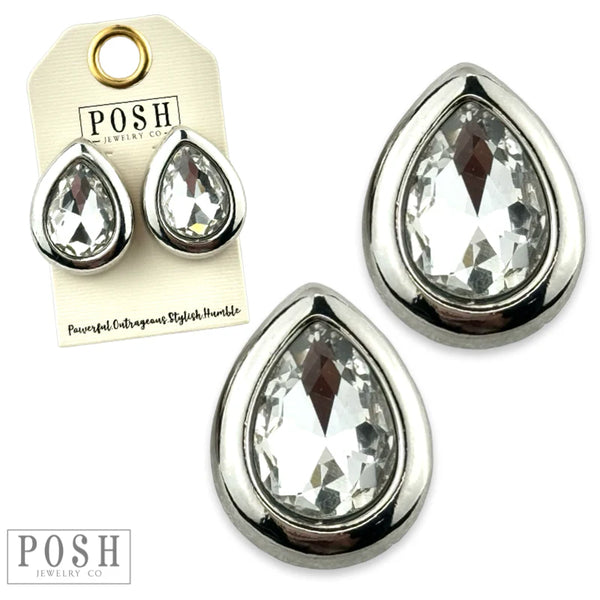 Metal tone rimmed rhinestone teardrop earring