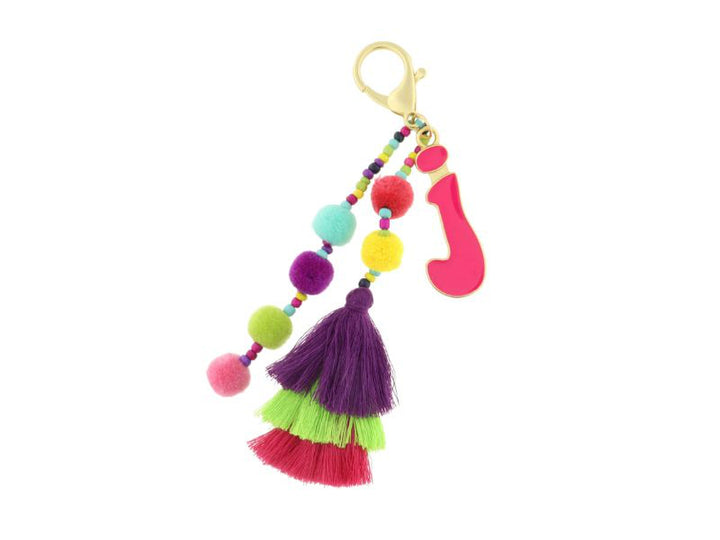 ENAMEL INITIAL MULTI BEADED STRANDS, POMS, STACKED TASSEL KEYCHAIN