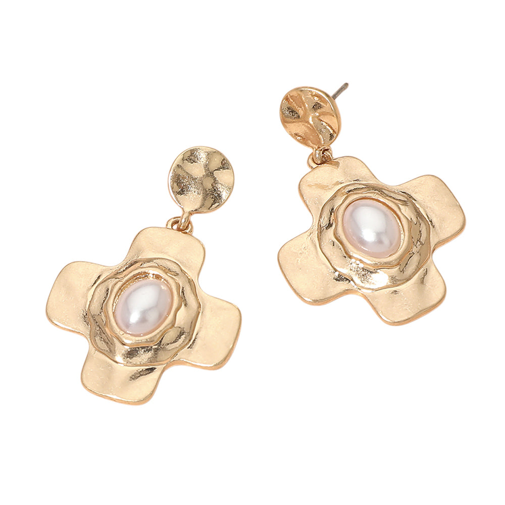 Oval Pearl Cross Drop Dangle Earrings