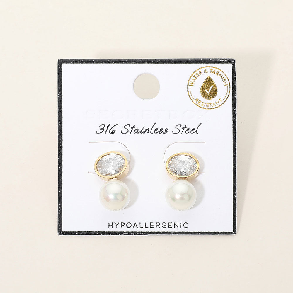 Stainless Steel Oval Crystal Pearl Drop Earrings