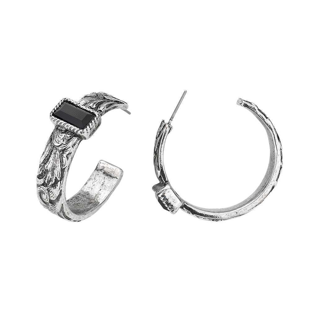 Rectangle Stone Pointed Antique Metal Western Hoop Earrings